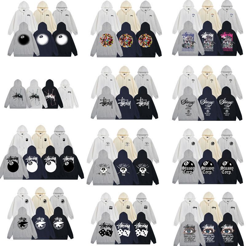 Fleecegefüttert mit Buchstaben, Schwarz Nr. 8, Unisex Casual Style, Erhältlich in 12 Designs, STU Zipper Hoodie_voghion.com