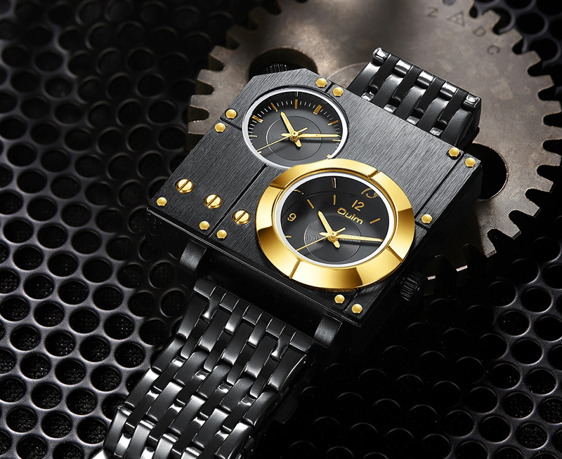 Men's Square Casual Watch With Dual Time Zone, Stainless Steel Band, Japanese Quartz Movement, Mineral Crystal Steel Belt Quartz Watch_voghion.com