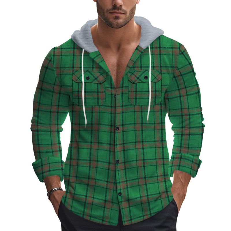 Herrenbekleidung Retro Herbst und Winter Kariertes Hemd Mit Kapuze Flanell Jacquard Freizeithemd_voghion.com