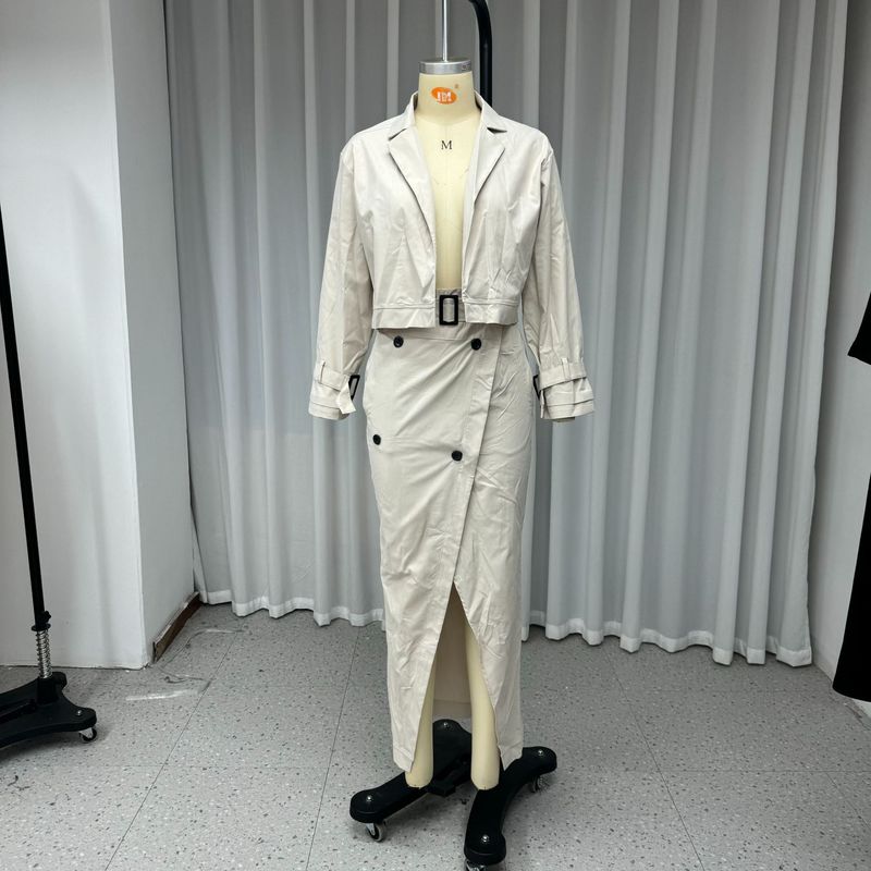 Dameklær Damedrak Lapel Patchwork uten lange ermer toppskjørt Todelt sett med belte_voghion.com