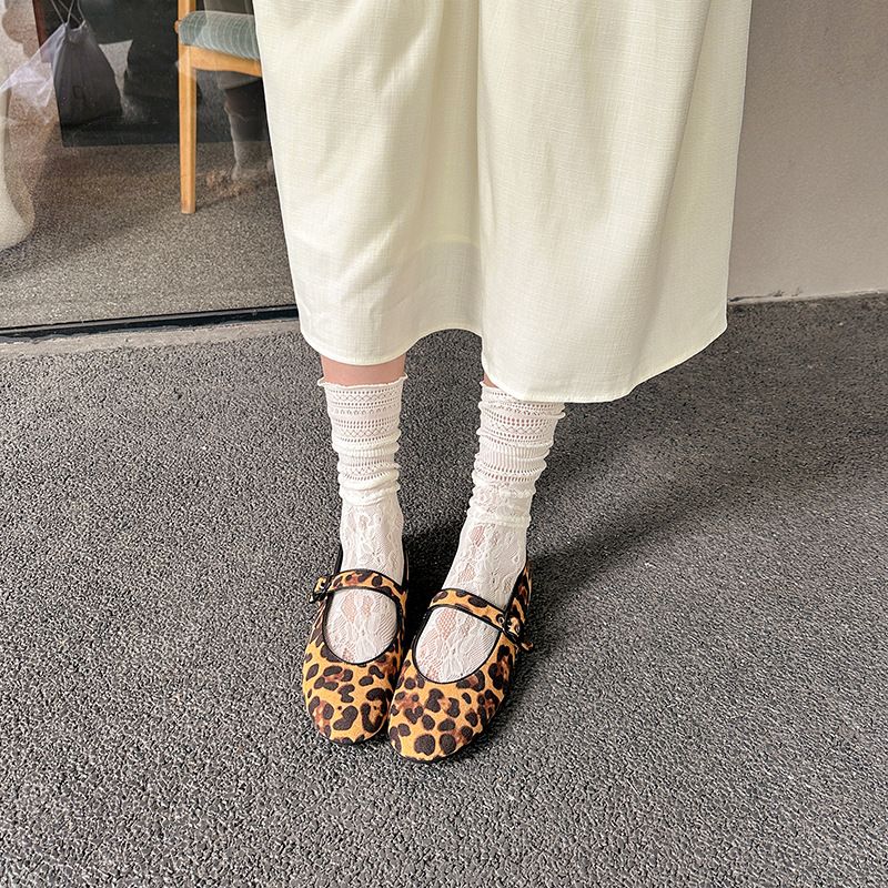 2025 Spring New Round Toe One-Strap Leopard Print Buckle Flat Mary Jane Ballet Flats For Women Grandma Shoes_voghion.com