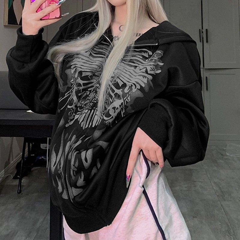 0532 Dark Series Printed Color-Block Long Sleeve BF Style Loose Casual Hooded Zipper Cardigan Sweatshirt Jacket_voghion.com