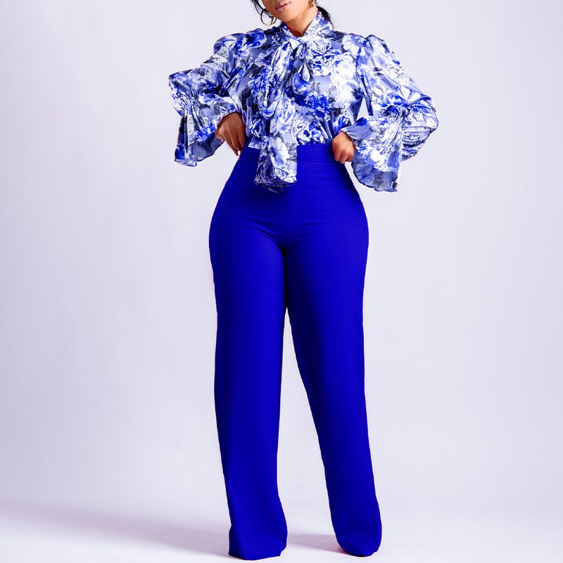Dameskleding herfst en winter losse grote maten casual bedrukte shirts met lange mouwen wijde pijpen broeken cross border tweedelige set_voghion.com