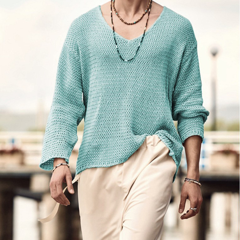 Pull à col en V pour hommes couleur unie à manches longues haut en tricot automne nouveau pull hommes_voghion.com