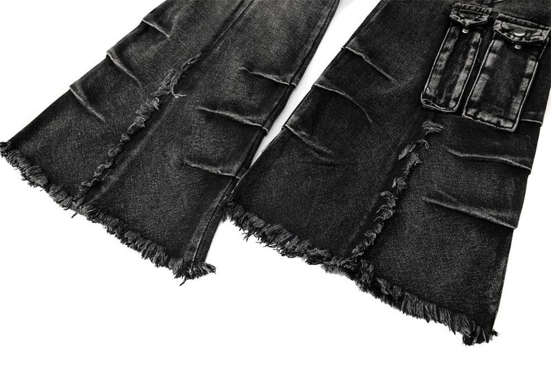 Men's Deconstructed Workwear Jeans - Raw Hem Bootcut Pants With Lace-Up Detail (Charcoal, S-3XL)_voghion.com
