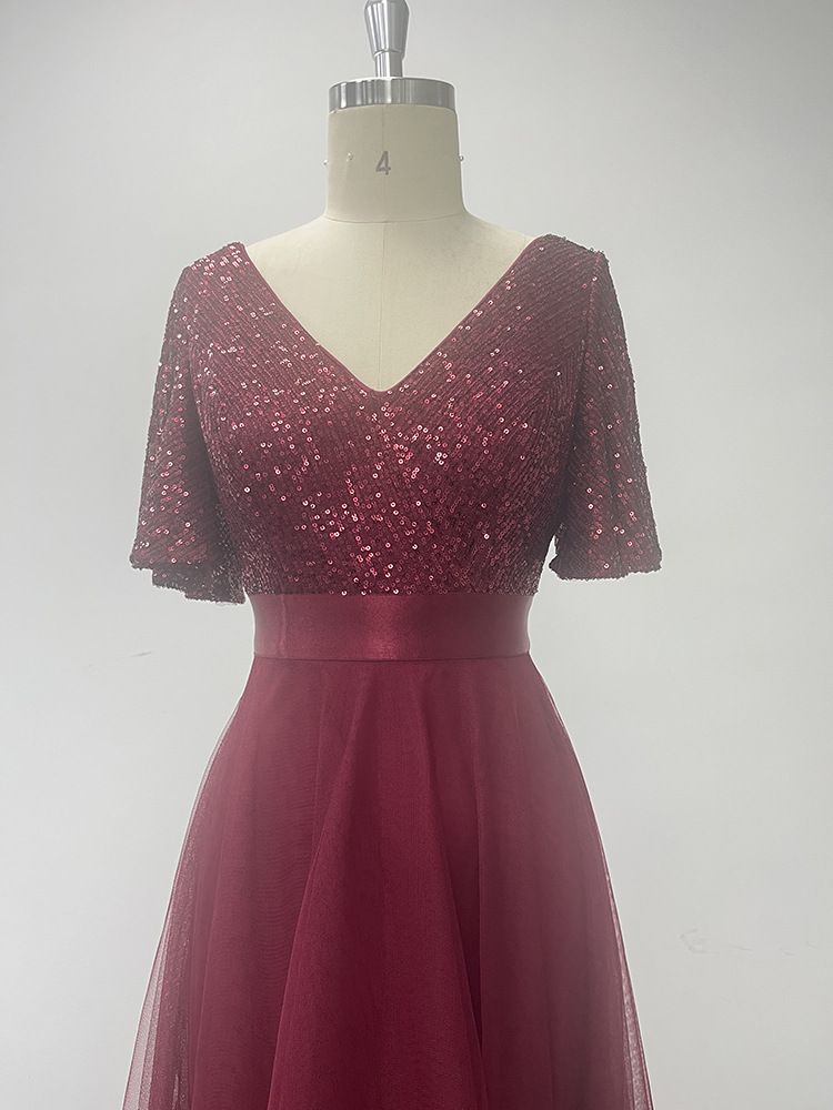 Robe de soirée élégante à volants et manches courtes pour femme avec taille élastique et jupe longue irrégulière en tulle moelleux_voghion.com