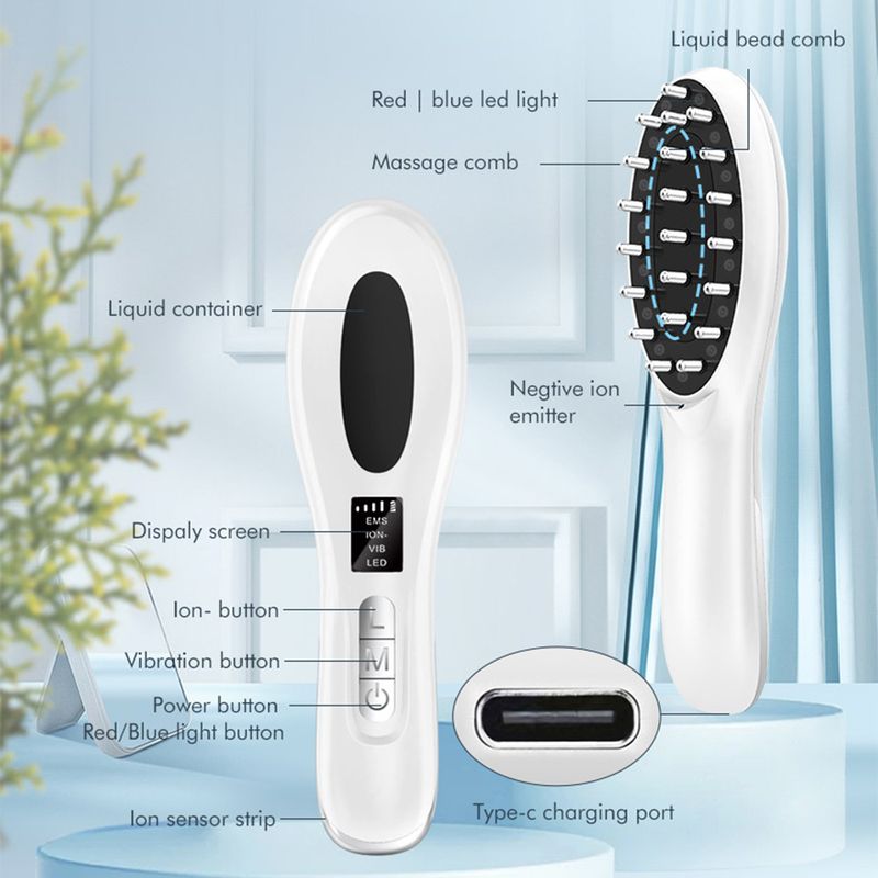 Elektrisk massage kam EMS färg ljus hårväxt applikator Negativ jon hårbotten massager Hår kam_voghion.com