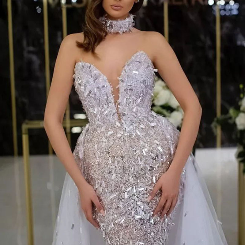 Women's party Gown sequined fishtail sleeveless long style elegant mesh dress_voghion.com