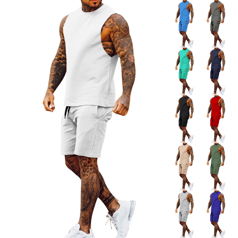 Cross-border European And American New Summer Sleeveless Sports Suit Men's Breathable Thin Round Neck Solid Color Vest_voghion.com