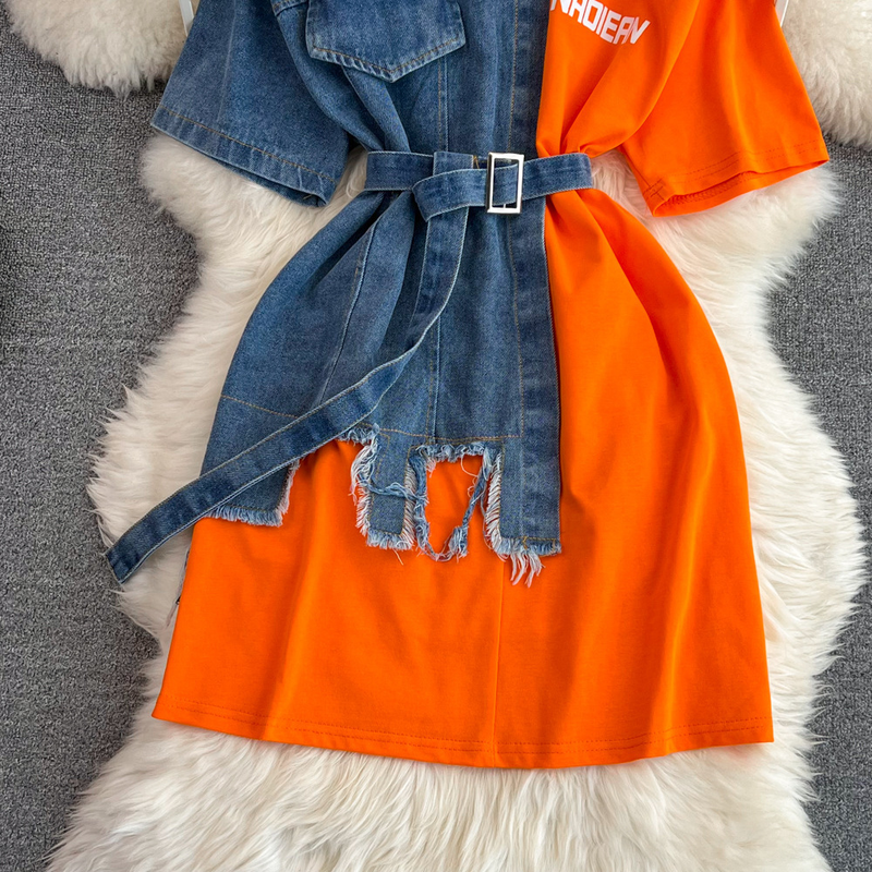 Taille Tailliert Rundhals Color Block Jeanshemd Chic Casual Mittellang_voghion.com