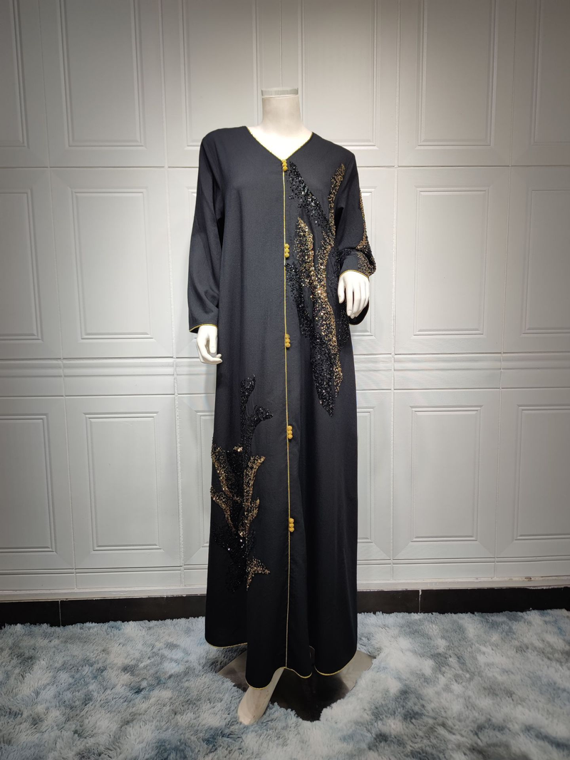 Langärmliges, mit Pailletten besticktes, lockeres Damenkleid für muslimische Frauen_voghion.com