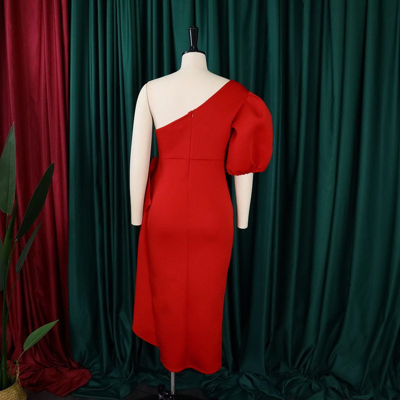 Damen-Kleid, Größe S-3XL, Temperament-Taille, umwickelt, mit Blasenärmeln, Bankett-Split-Kleid_voghion.com