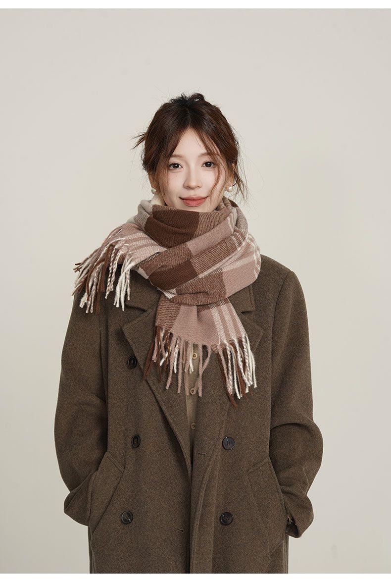 Sciarpa in cashmere autunno/inverno 2024 nuova per donna, caldo, spesso, esterno, scialle, griglia a righe, collo semplice_voghion.com