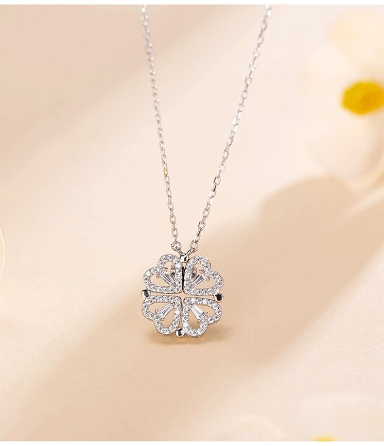 Collana con ciondolo a forma di cuore trifoglio in argento sterling 925, regolabile, elegante, a strati, in oro rosa e oro bianco._voghion.com