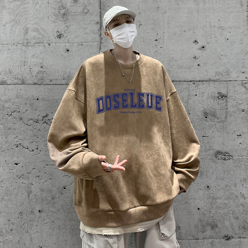 Novo moletom com capuz de camurça para meninos na primavera e no outono, roupas casuais soltas, casaco de base de manga comprida com gola redonda, jaqueta_voghion.com