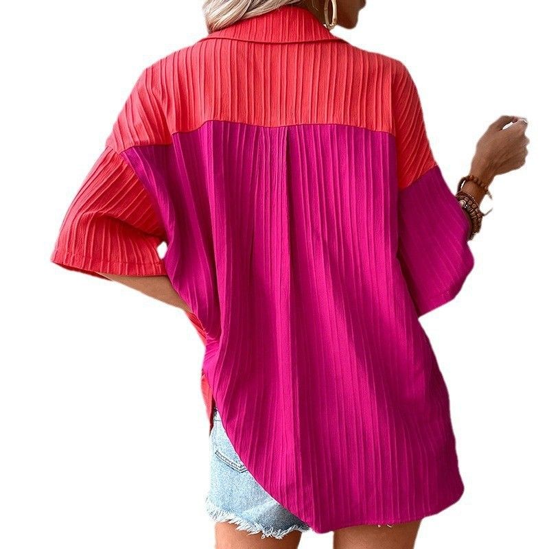 Verve 2025 Summer Button-Up Lapel Patchwork Short Sleeve Casual Top Women's Shirt_voghion.com