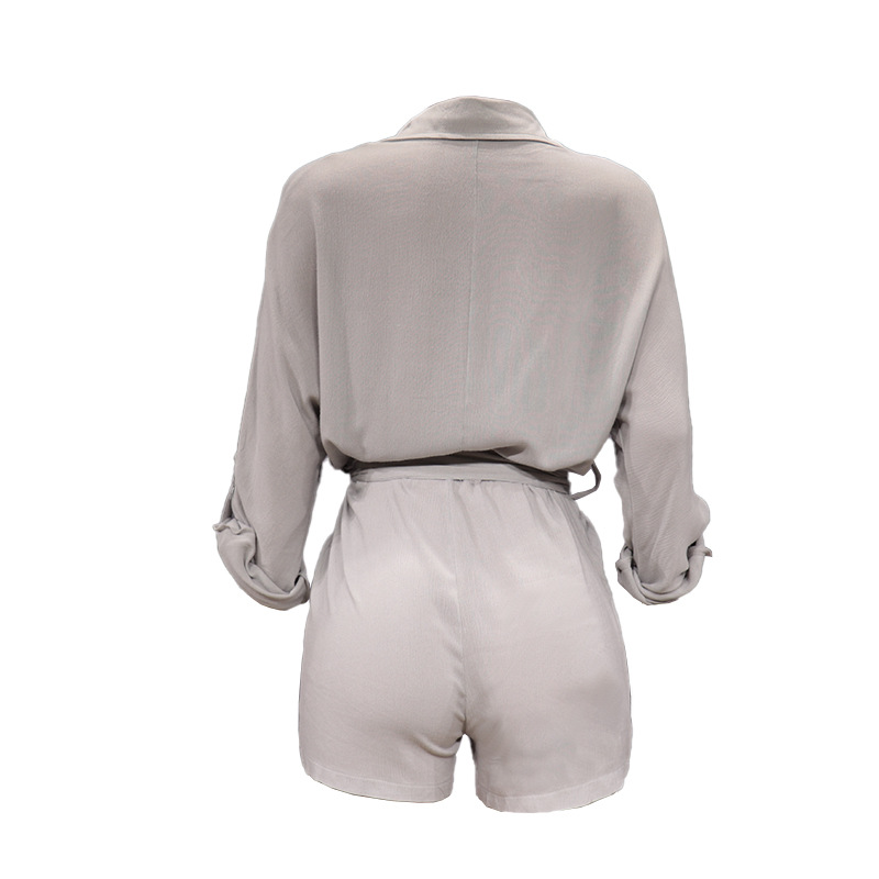 Women's fashion solid color casual shirt cotton hemp jumpsuit_voghion.com