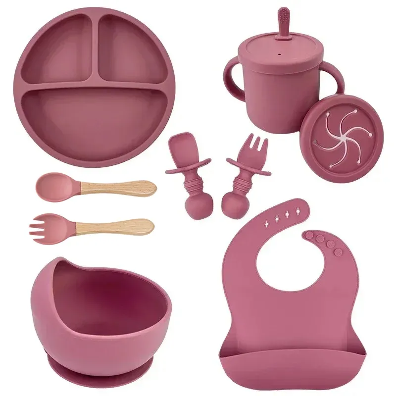 Gıda Sınıfı Silikon Çocuk Yemek Takımı Bebek Mama Kabı Vakumlu Tabak Pipetli Bardak Ahşap Kaşık Çatal Çocuk Sofra Takımı Yürümeye Başlayan Çocuk_voghion.com