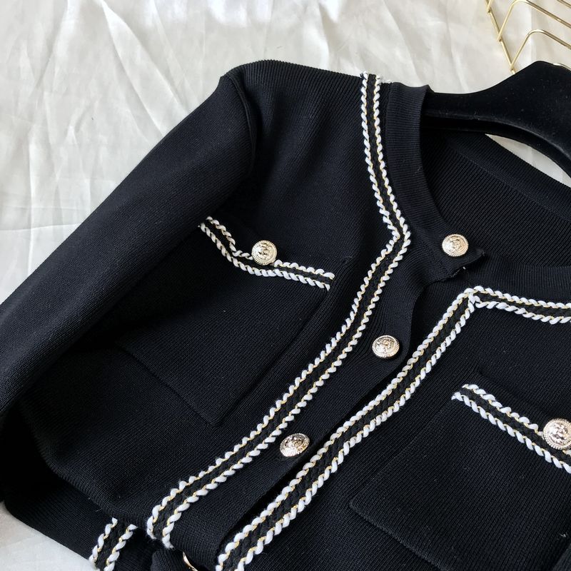 Kadın moda yuvarlak boyun örme hırka üst geniş bacak pantolon iki parçalı set_voghion.com
