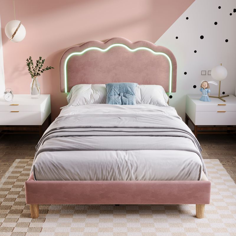 Cadre de lit simple en velours rose 90 x 190 cm avec éclairage LED, tête de lit et sommier à lattes réglables, lit enfant rembourré pour chambre ou chambre d'amis_voghion.com