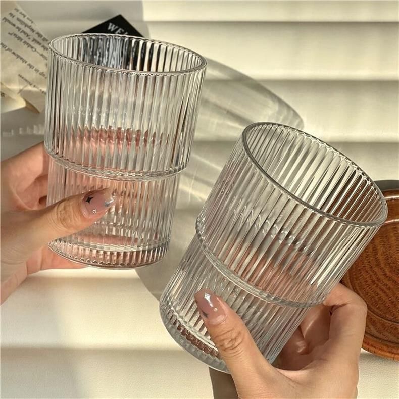 Striped Glass Coffee Cup With Lid & Straw - 12oz Reusable Drinking Glass For Hot/Cold Beverages (Iced Latte Milk Juice Dishwasher Safe)_voghion.com