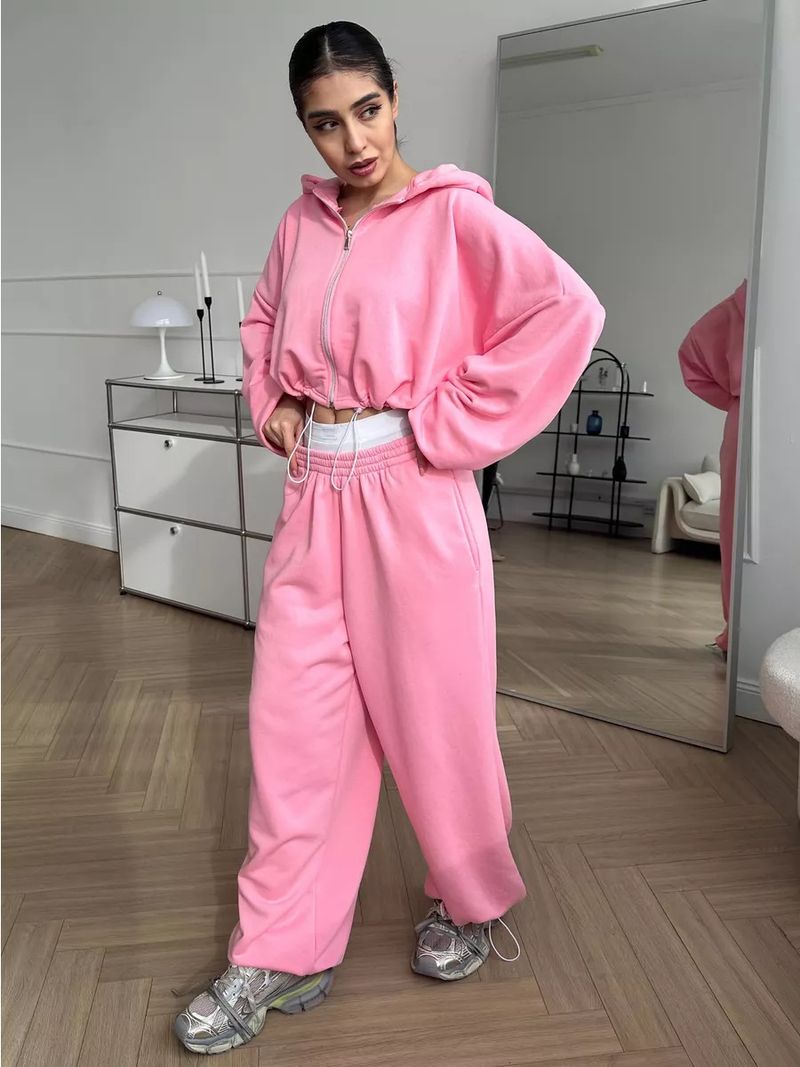 Women's Casual Suit Solid Color Long Sleeved Zipper Cardigan Drawstring Hooded Sweatshirt Sports Elastic Pants Two-piece_voghion.com