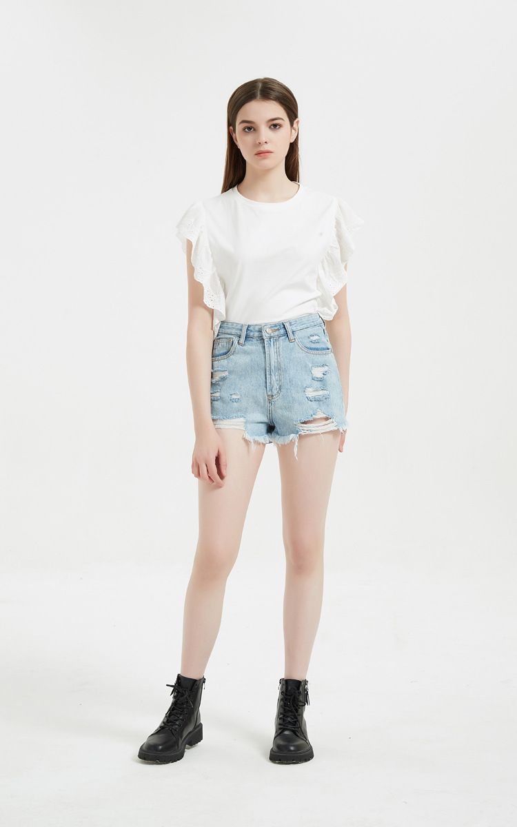 Dameklær Dame Sommer Nye Høylivede Prikkete Denimshorts Ripped Casual Hotpants_voghion.com