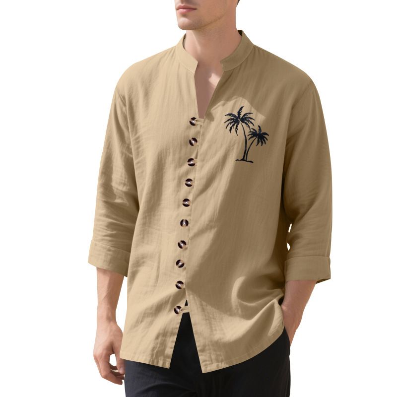 Camicia da uomo casual con colletto alto e maniche lunghe con bottoni, stampata con albero di cocco autunnale_voghion.com