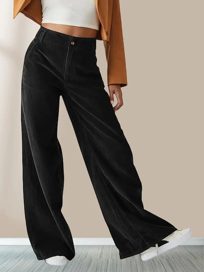 Women's High-waisted Straight Leg Pants - Stretch Corduroy Trousers For Casual & Office Wear, Slim Fit With Flowy Drape (Black, Yellow, Coffee, Blue)_voghion.com