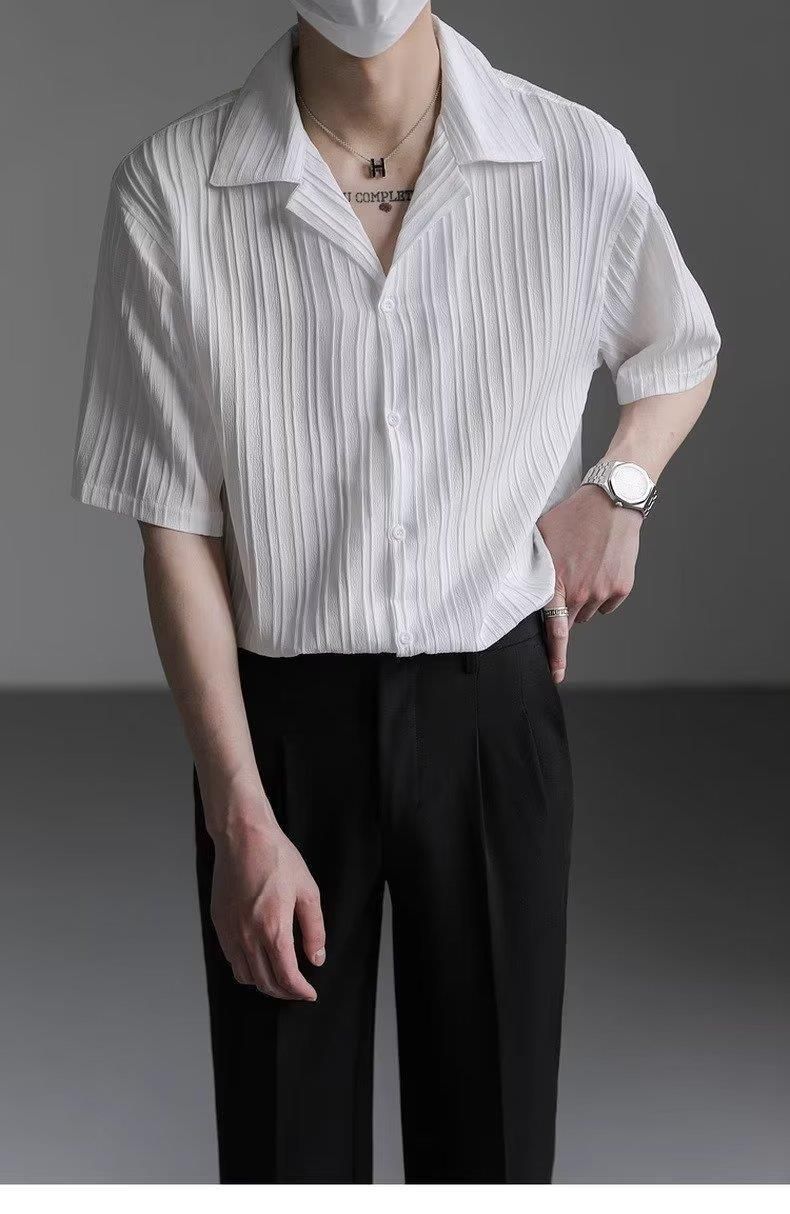 Camicia casual da uomo, leggera, stile maturo, in seta ghiacciata, con colletto drappeggiato, a maniche corte, bianca_voghion.com