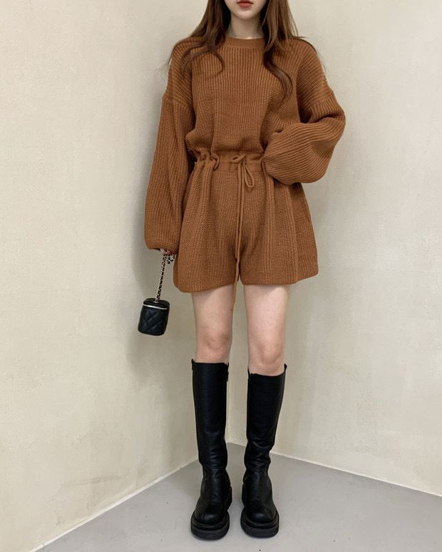 2024 Korean Chic Autumn Round Neck Drawstring Strap Waist Long Sleeve Knitted Wide Leg jumpsuit Shorts for Women_voghion.com