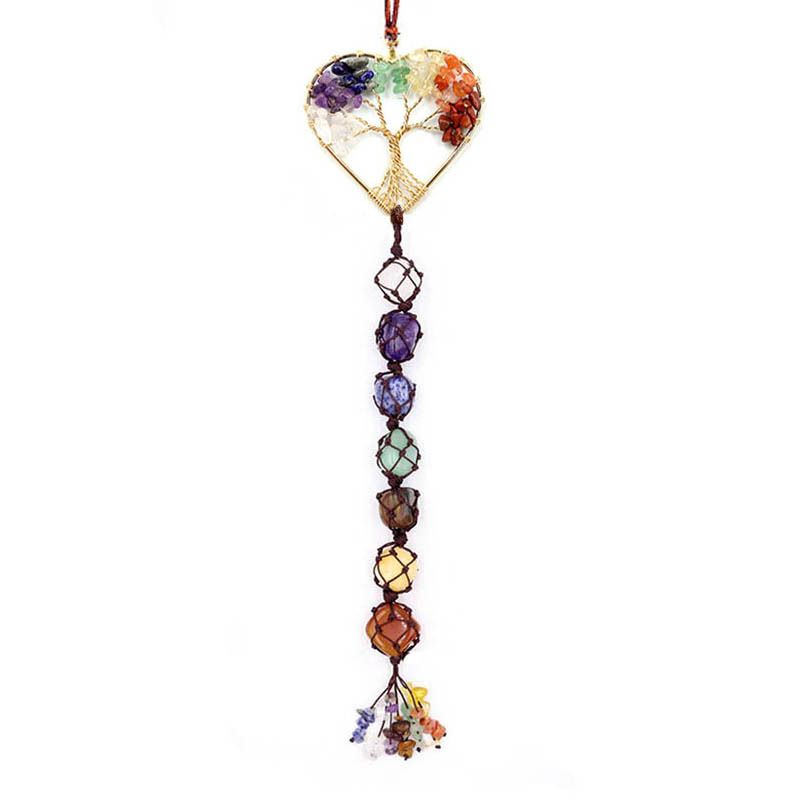 Handwoven 7-Color Crystal Gemstone Tree Of Life Car Hanging Ornament, Dreamcatcher Pendant, Boho Home Decor, Natural Stone Beaded Charm_voghion.com