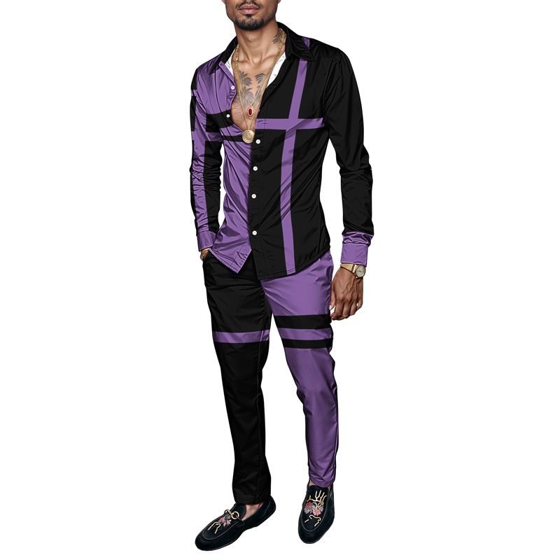 2025 Spring Summer Men Shirt Set Geometry Print Fashion Simple Two Piece Set Mens Gradient Lightweight Party Long Sleeves Suit_voghion.com