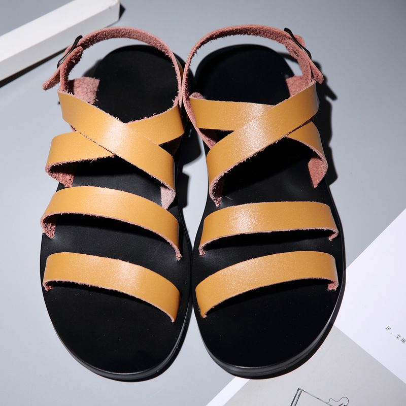 Summer Beach Breathable Casual Leather Sandals 2025 New Korean Version Trendy Cowhide Men's Shoes_voghion.com