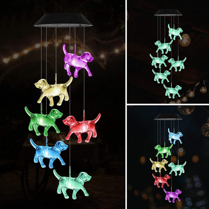 Carillón de viento solar LED con luz que cambia de color: decoración de jardín giratoria con forma de perro y 7 colores, impermeable, ideal para patio y jardín._voghion.com
