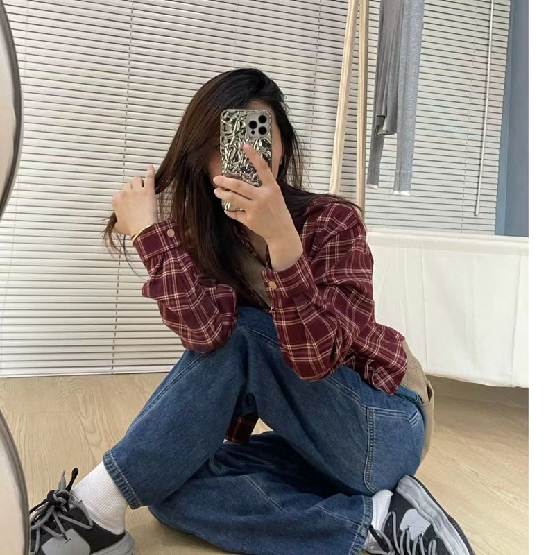 Corée du Sud Dongdaemun 2024 Printemps/Été Chemise Veste Femme Empilée Décontractée À Carreaux À Manches Longues Haut Court_voghion.com