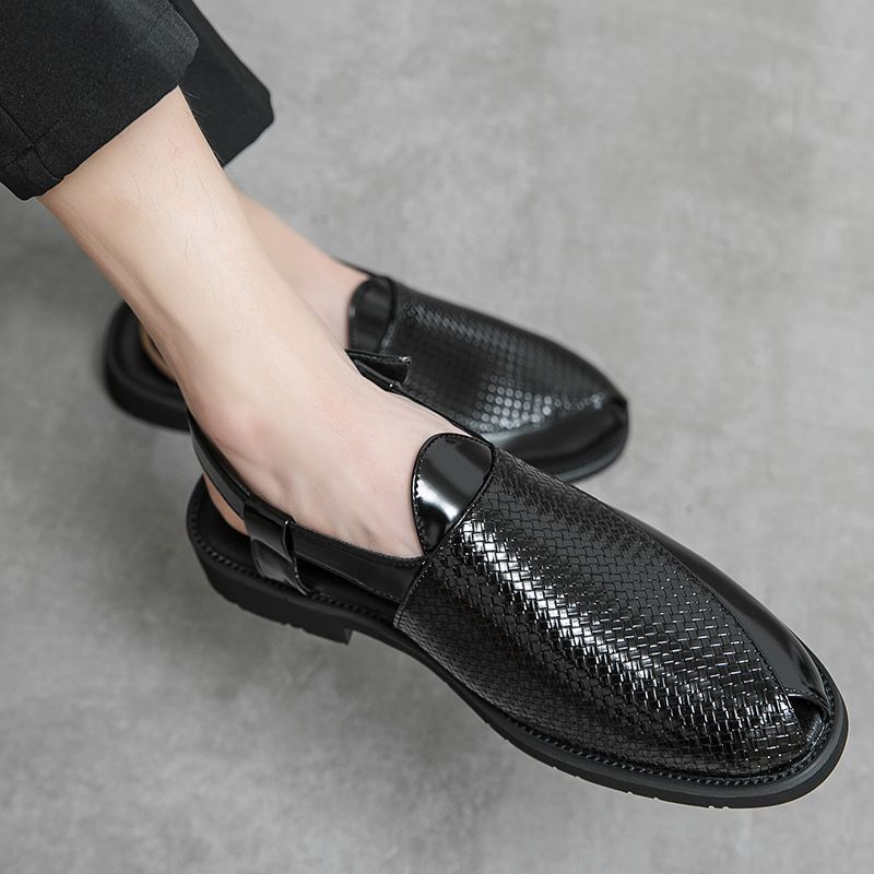 Unschlagbare Qualität Modische gewebte Ledersandalen für Herren, britische Sommer-atmungsaktive Schnalle Große Größe Coole Hausschuhe für Herren_voghion.com