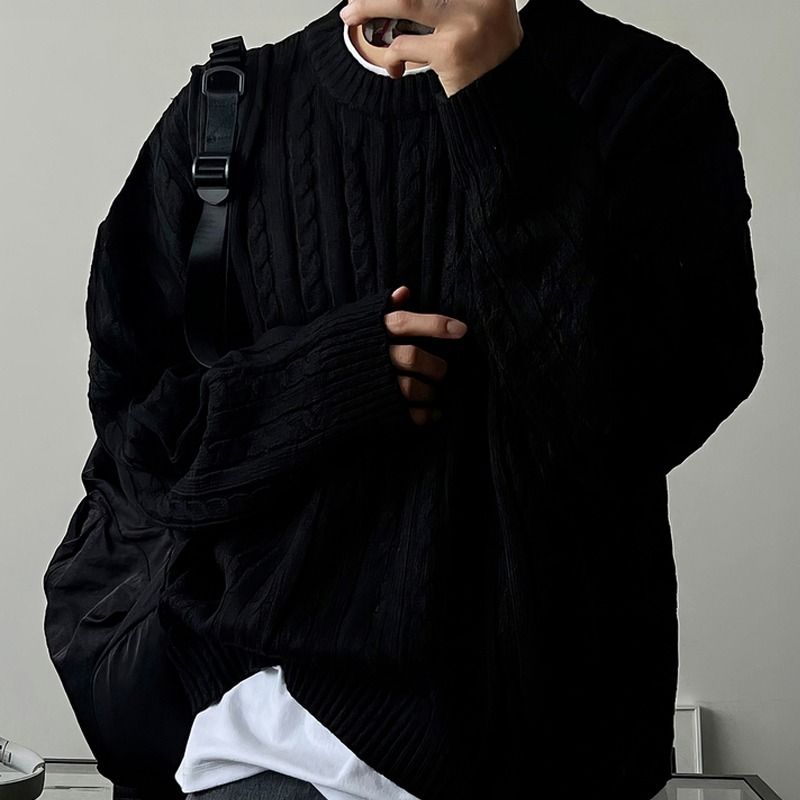 Maglione da uomo in maglia a trecce – Pullover girocollo oversize con spalle scese per autunno e inverno (S-XXXXL, bianco/blu navy/nero)_voghion.com