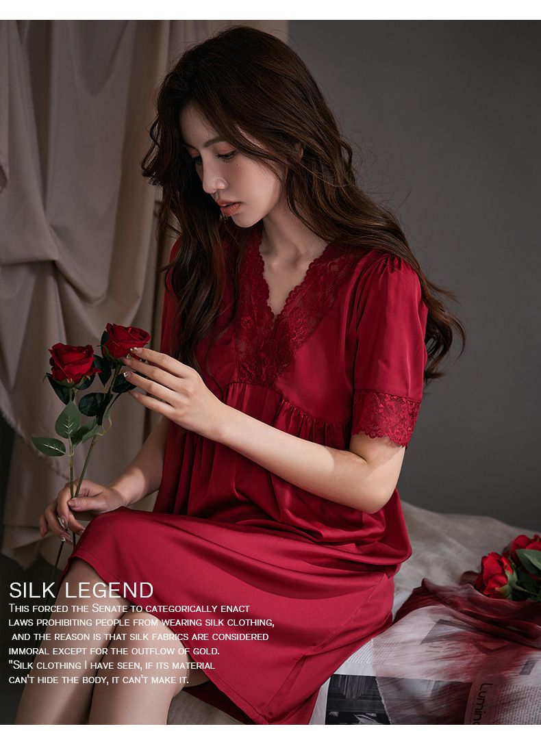 Women's Sleepwears Large Lace Nightdress Medium Length Ice Silk Short Sleeved Simple Large Size Nightdress Home Clothes_voghion.com