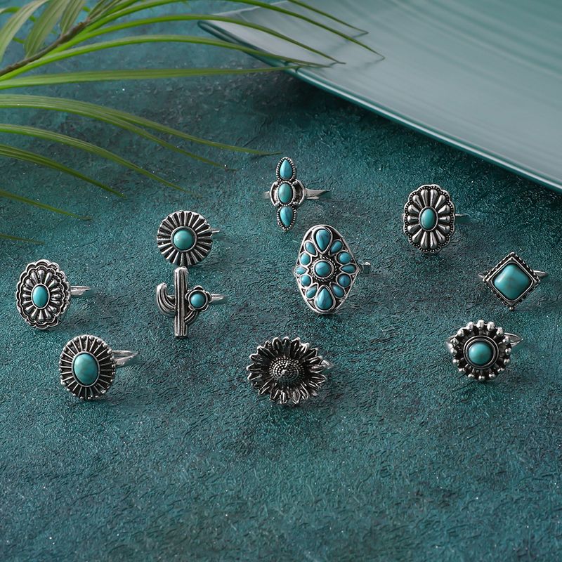 Combination Bohemian Style Alloy Turquoise 10 Piece Ring Set_voghion.com