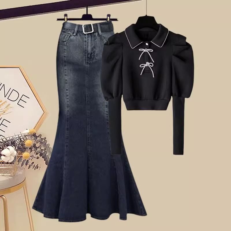 Dameklær Høstantrekk i kongelig søsterstil Unikt temperament Langermet topp i denim med fiskehaleskjørt i to deler_voghion.com
