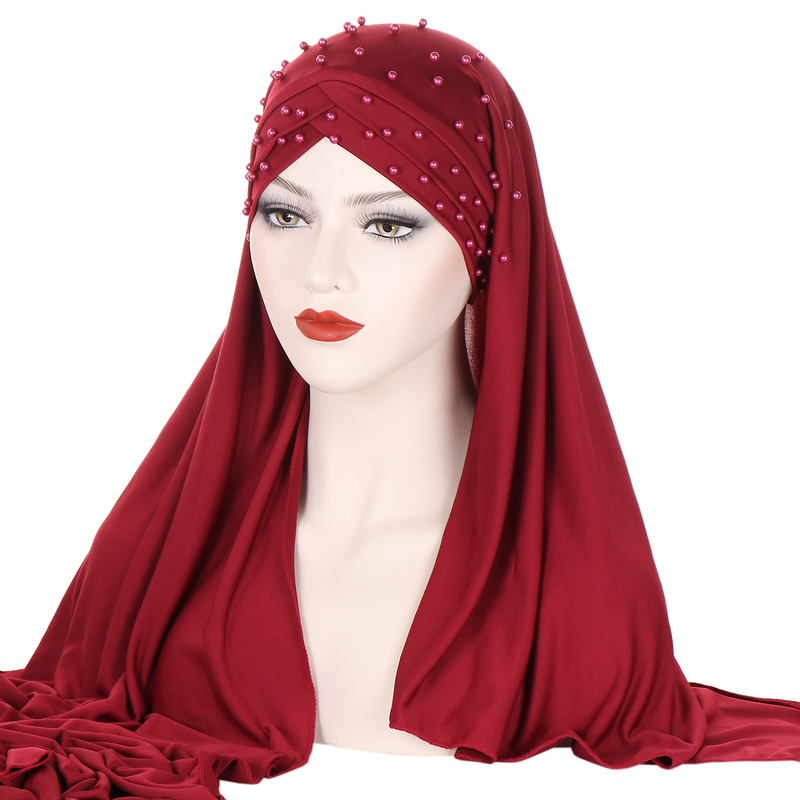 Neuer einfarbiger Schal und Hut aus Milchseide mit Kreuznagelperlen und Kopfschnitt, zwei modische Stoffbezüge für Damen_voghion.com