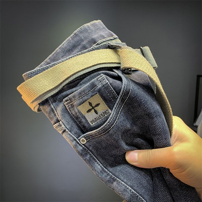 Jeans di lusso leggeri di fascia alta, vestibilità slim elastica da uomo, gamba dritta ricamata con interni trendy, versatile casual lungo_voghion.com