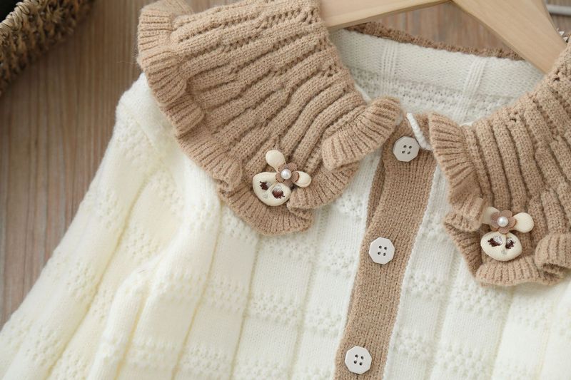 Jachetă tricotată din două piese pentru fete, toamna și iarna 2023, cardigan cu guler mare, lucrat manual, cu flori, pentru fetițe_voghion.com