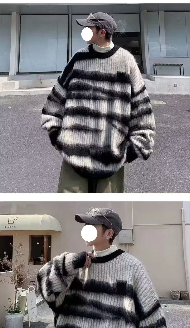Maglione a righe color-block per uomo, autunno e inverno, stile casual, sensazione di alta qualità, versatile maglia girocollo ampia,_voghion.com