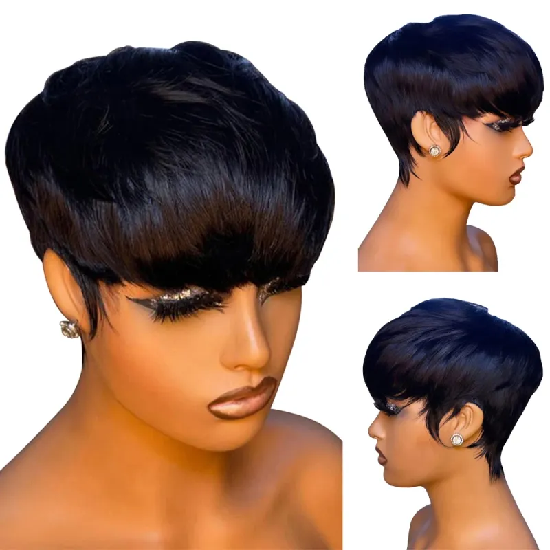 Kurze glatte Echthaarperücke, Pixie-Schnitt, Remy-Haar, Echthaarperücken mit Pony_voghion.com