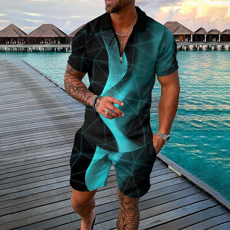 Vêtements pour hommes, costume décontracté à la mode, imprimé en 3D, fermeture éclair, manches courtes, polo, short, ensemble 2 pièces_voghion.com