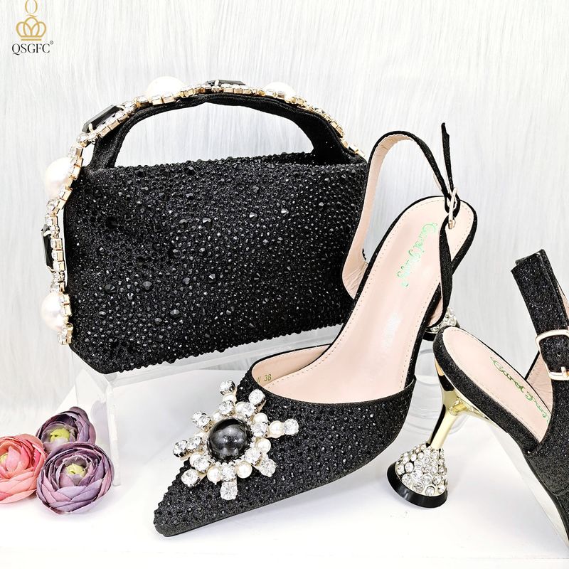 Scarpe da donna Set di scarpe e borsa da donna con punta a punta in stile semplice da festa con cinturino a diamante sul manico_voghion.com