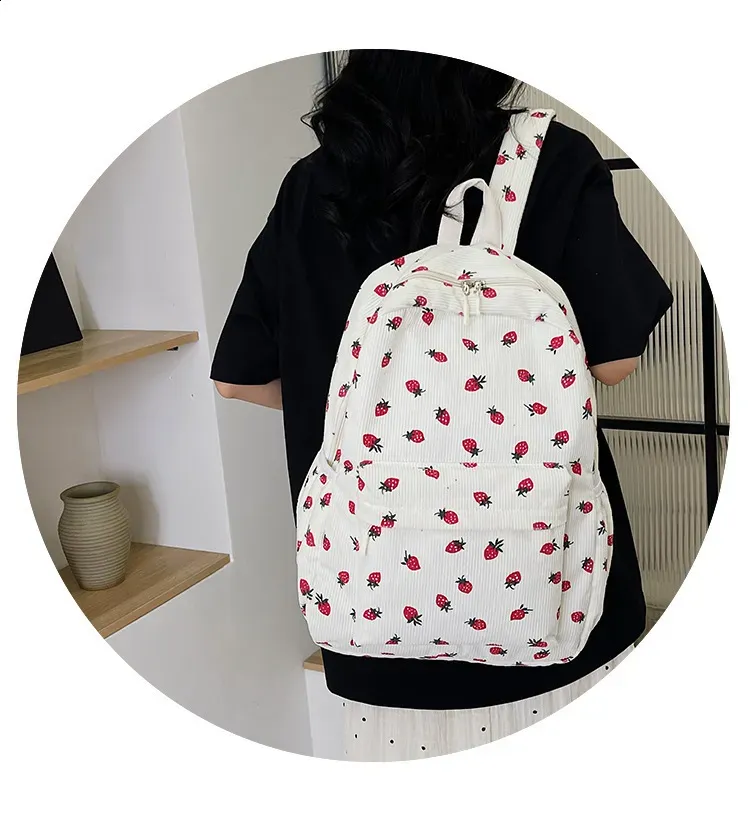 Corduroy Strawberry Backpack Student Multi Pocket Youth Adjustable Strap Notebook Outdoor Mochila Escolars 250408l_voghion.com