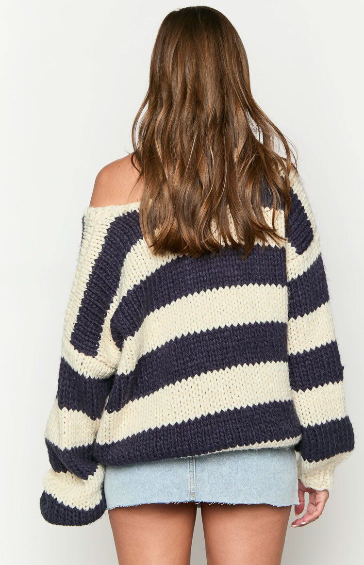 Oversized Dopamine Stripe Knit Sweater - Soft Fashion Drop Shoulder Top For Women, Sweet & Cozy Fall Winter Casual Wear_voghion.com